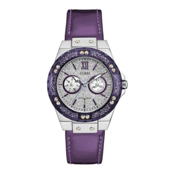 Shop Guess Limelight Quartz Silver Dial Purple Leather Strap Watch For Women - W0775L6 in USA