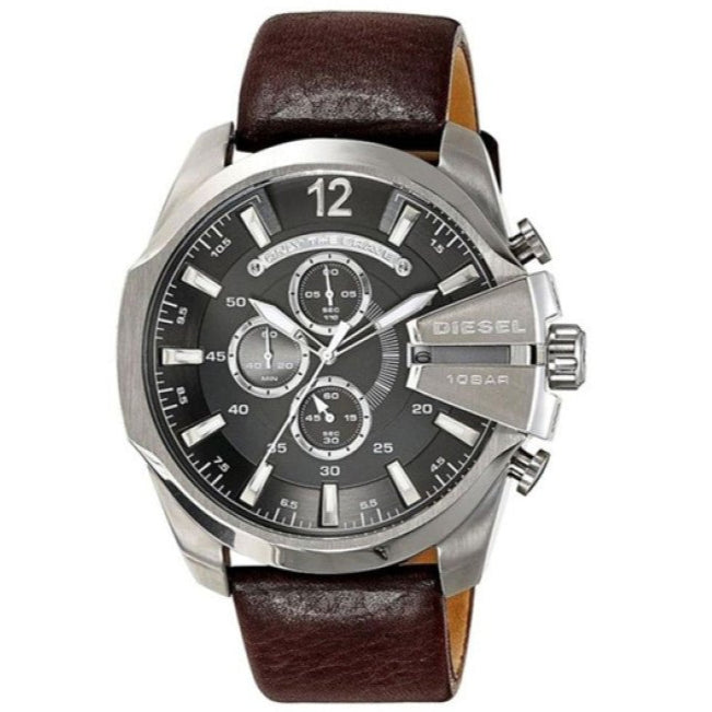 Diesel Mega Chief Black & Silver Round Dial Brown Leather Strap Watch For Men - DZ4290