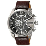 Shop Diesel Mega Chief Black & Silver Round Dial Brown Leather Strap Watch For Men - DZ4290 in USA
