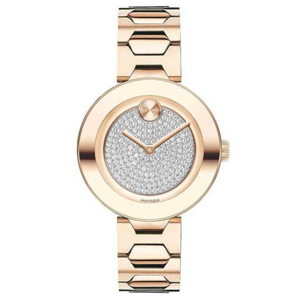 Shop Movado Bold Crystal Pave Rose Gold Dial Rose Gold Steel Strap Watch For Women - 3600493 in USA
