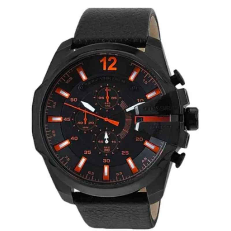 Diesel Mega Chief Chronograph Black Dial Black Leather Strap Watch For Men - DZ4291 Buy Now By Diesel