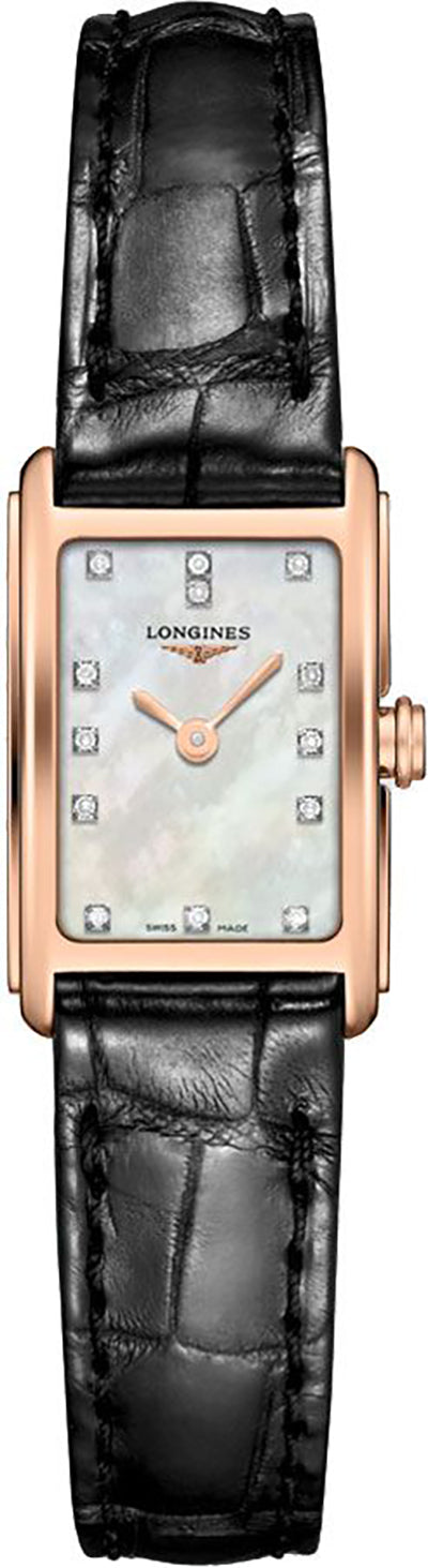 Shop Longines Dolcevita Diamonds Mother of Pearl White Dial Black Leather Strap Watch for Women - L5.258.8.87.0 in USA