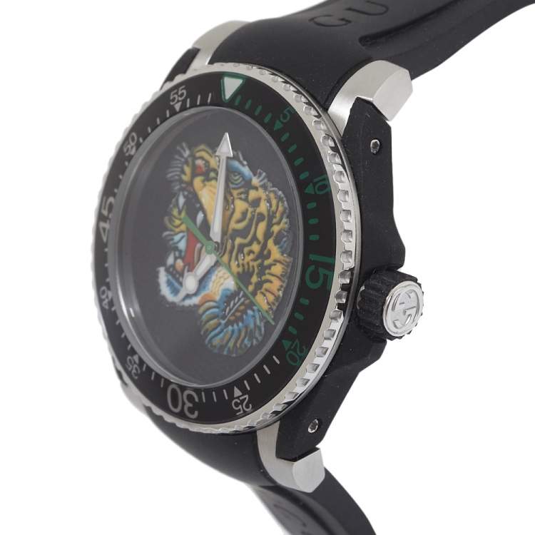 Shop Gucci Dive Tiger Black Dial Black Rubber Strap Watch For Men - YA136318 in USA