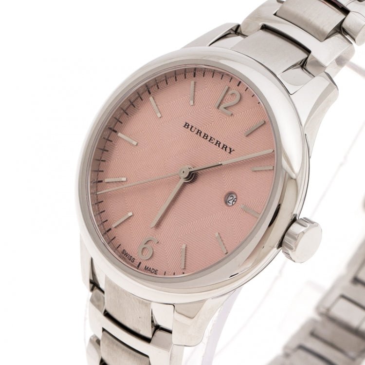 Shop Burberry The Classic Pink Dial Silver Steel Strap Watch for Women - BU10111 in USA