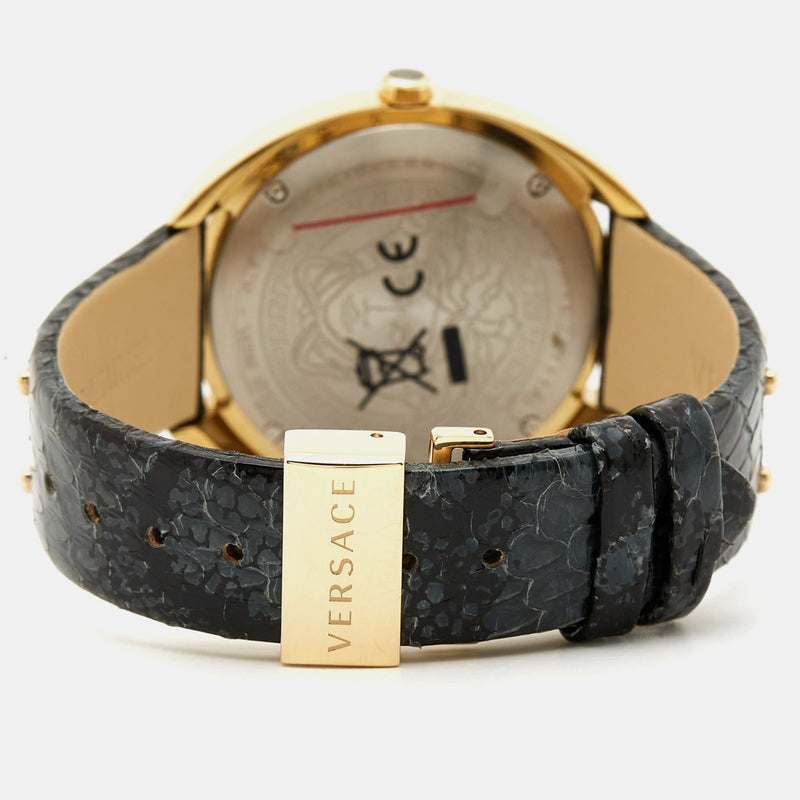 Versace Shadov Quartz Gold Dial Black Leather Strap Watch for Women - VEBM00318 Buy Now By Versace