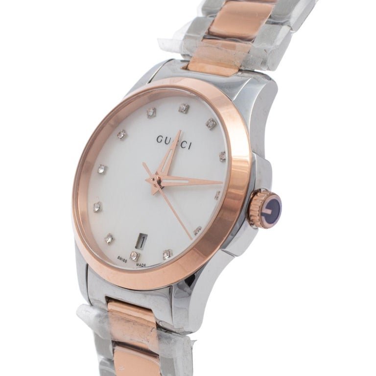 Shop Gucci G Timeless Diamonds Mother of Pearl Dial Two Tone Steel Strap Watch For Women - YA126544 in USA