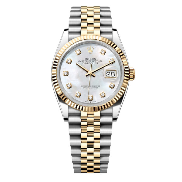 Shop Rolex Datejust Oyster 36 Diamonds Silver Dial Two Tone Oystersteel Yellow Gold Strap Watch for Women - M126233-0023 in USA