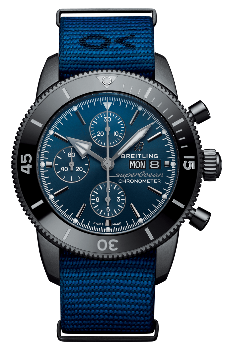Breitling Superocean Heritage Chronograph 44 Outerknown Blue Dial Blue NATO Strap Watch for Men - M133132A1C1W1