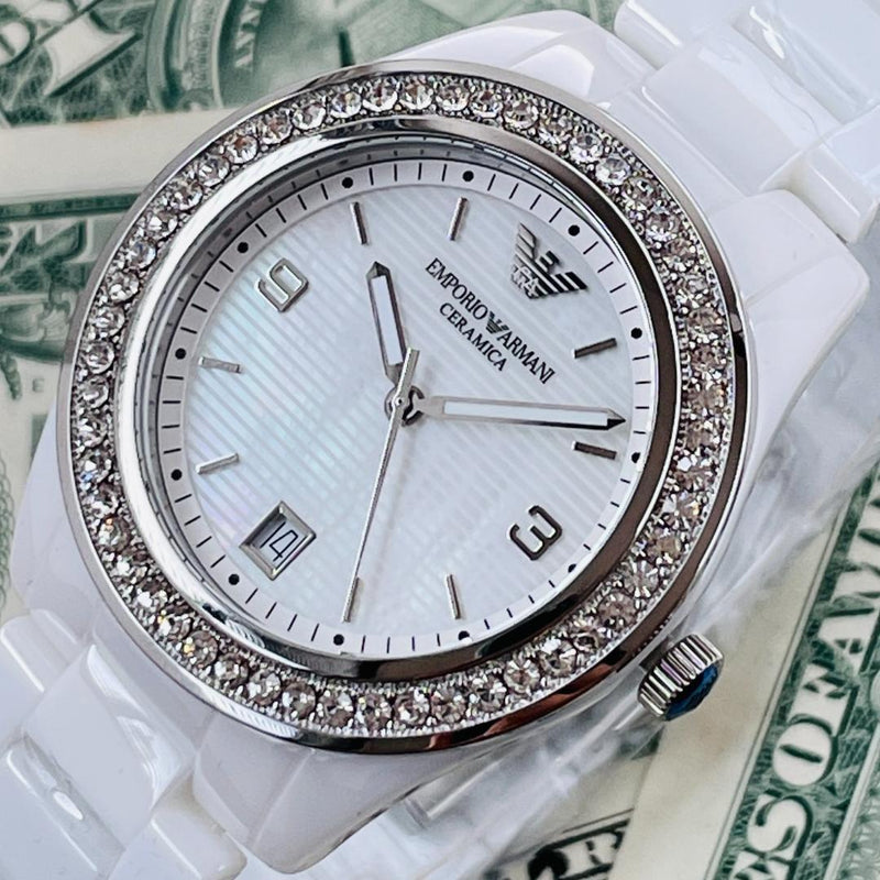 Emporio Armani Ceramica White Mother of Pearl Dial Stainless Steel Strap Watch For Women - AR1426 Buy Now By Emporio Armani