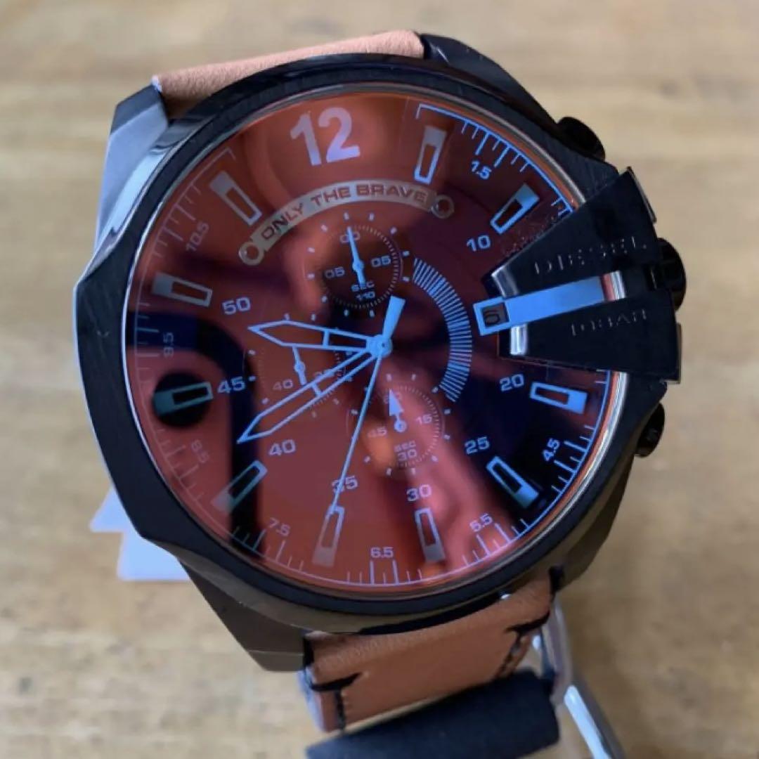 Diesel Mega Chief Chronograph Black Dial Brown Leather Strap Watch For Men - DZ4476