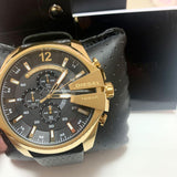 Diesel Mega Chief Gold & Black Dial Black Leather Strap Watch For Men - DZ4344