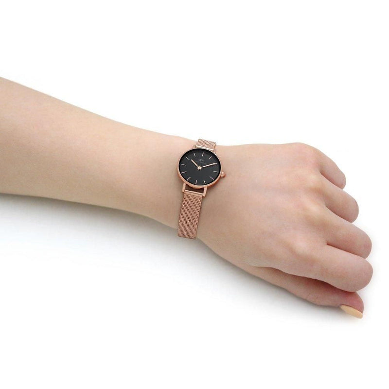 Daniel Wellington Petite Pressed Melrose Black Dial Rose Gold Mesh Strap Watch For Women - DW00100440 Buy Now By Daniel Wellington