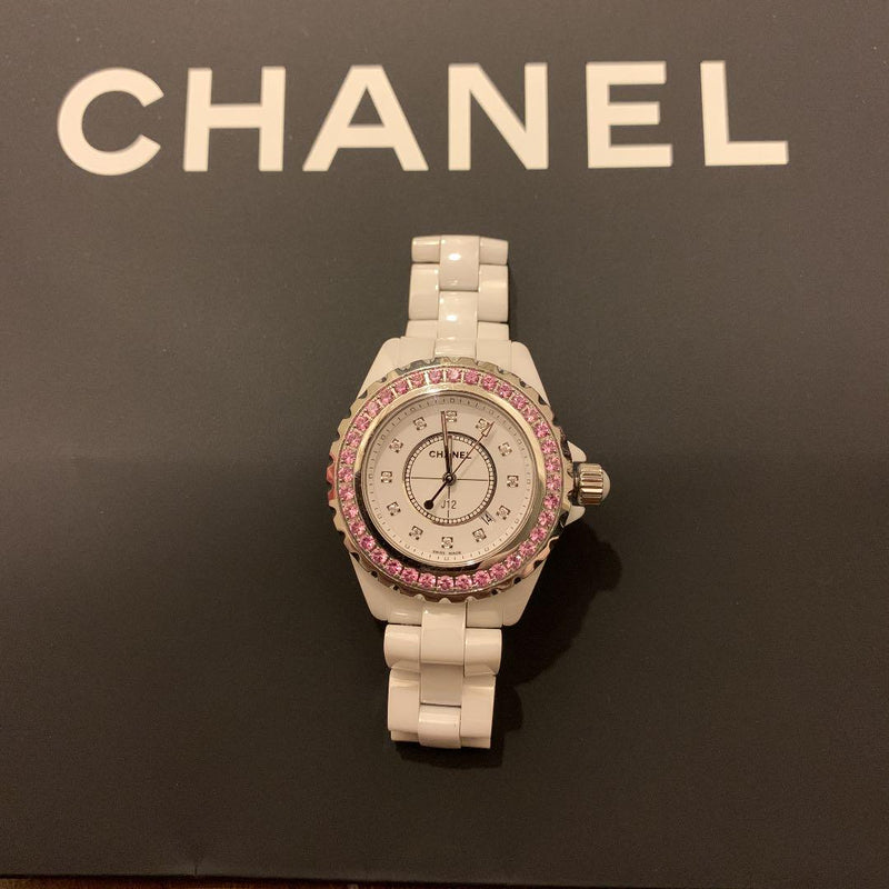 Shop Chanel J12 Sapphire Bezel Ceramic White Dial White Steel Strap Watch for Women - J12 H2010 in USA