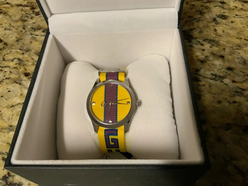 Shop Gucci G Timeless Quartz Yellow & Purple Dial Yellow & Purple NATO Strap Watch For Men - YA1264069 in USA