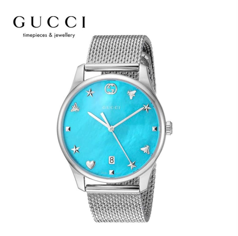 Gucci G-Timeless Turquoise Mother of Pearl Dial Silver Mesh Bracelet Watch For Women - YA126582 Buy Now By Gucci