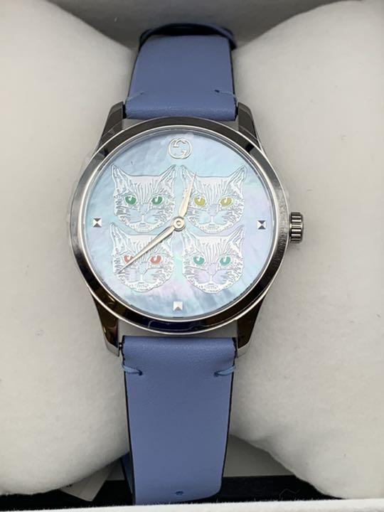 Shop Gucci G Timeless Quartz Mother of Pearl Dial Blue Leather Strap Watch For Women - YA1264124 in USA