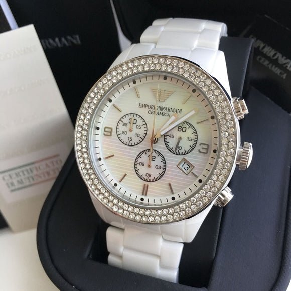 Emporio Armani Ceramica Chronograph White Dial White Ceramic Strap Watch For Women - AR1456 Buy Now By Emporio Armani
