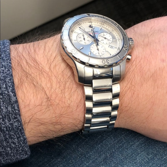 Shop Movado Series 800 Chronograph Silver Dial Silver Steel Strap Watch For Men - 2600111 in USA