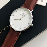 Daniel Wellington Classy St Mawes White Dial Brown Leather Strap Watch For Women - DW00100079