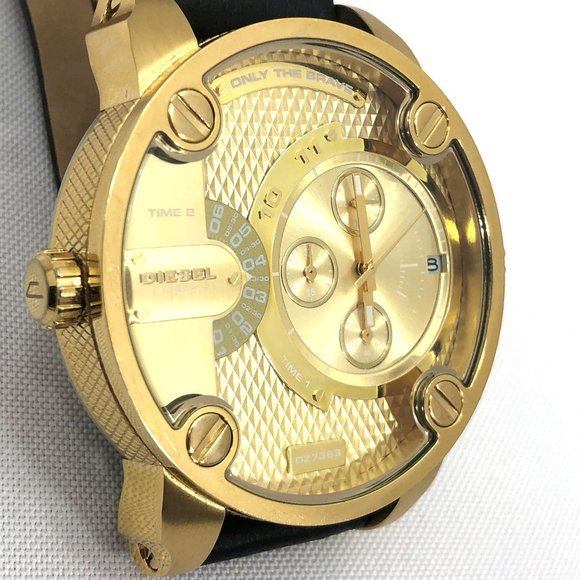 Diesel Mr Daddy Gold Dial Black Leather Strap Watch For Men - DZ7363