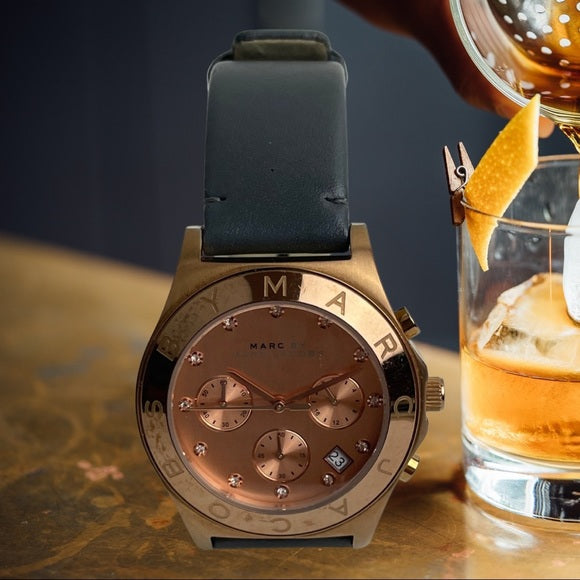Shop Marc Jacobs Blade Chronograph Rose Gold Dial Black Leather Strap Watch for Women - MBM1188 in USA
