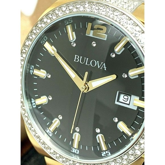 Shop Bulova Crystal Black Dial Two Tone Steel Strap Watch for Men - 98B235 in USA