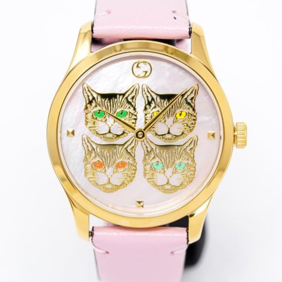 Shop Gucci G Timeless Quartz Mother of Pearl Dial Pink Leather Strap Watch For Women - YA1264132 in USA