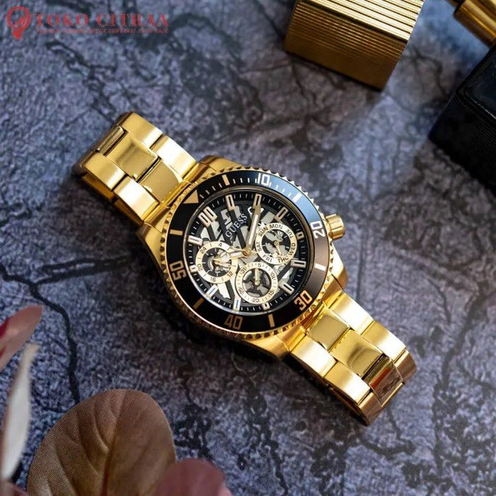 Guess Axle Multifunction Black Dial Gold Steel Strap Watch For Men - GW0488G2 Buy Now By Guess