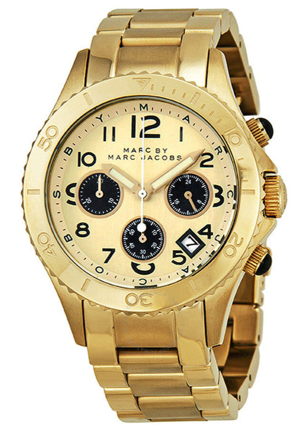 Shop Marc Jacobs Rock Metal Chronograph Gold Dial Gold Steel Strap Watch for Men - MBM3158 in USA