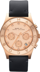 Shop Marc Jacobs Blade Chronograph Rose Gold Dial Black Leather Strap Watch for Women - MBM1188 in USA