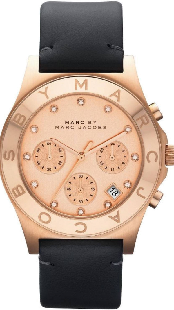 Shop Marc Jacobs Blade Chronograph Rose Gold Dial Black Leather Strap Watch for Women - MBM1188 in USA