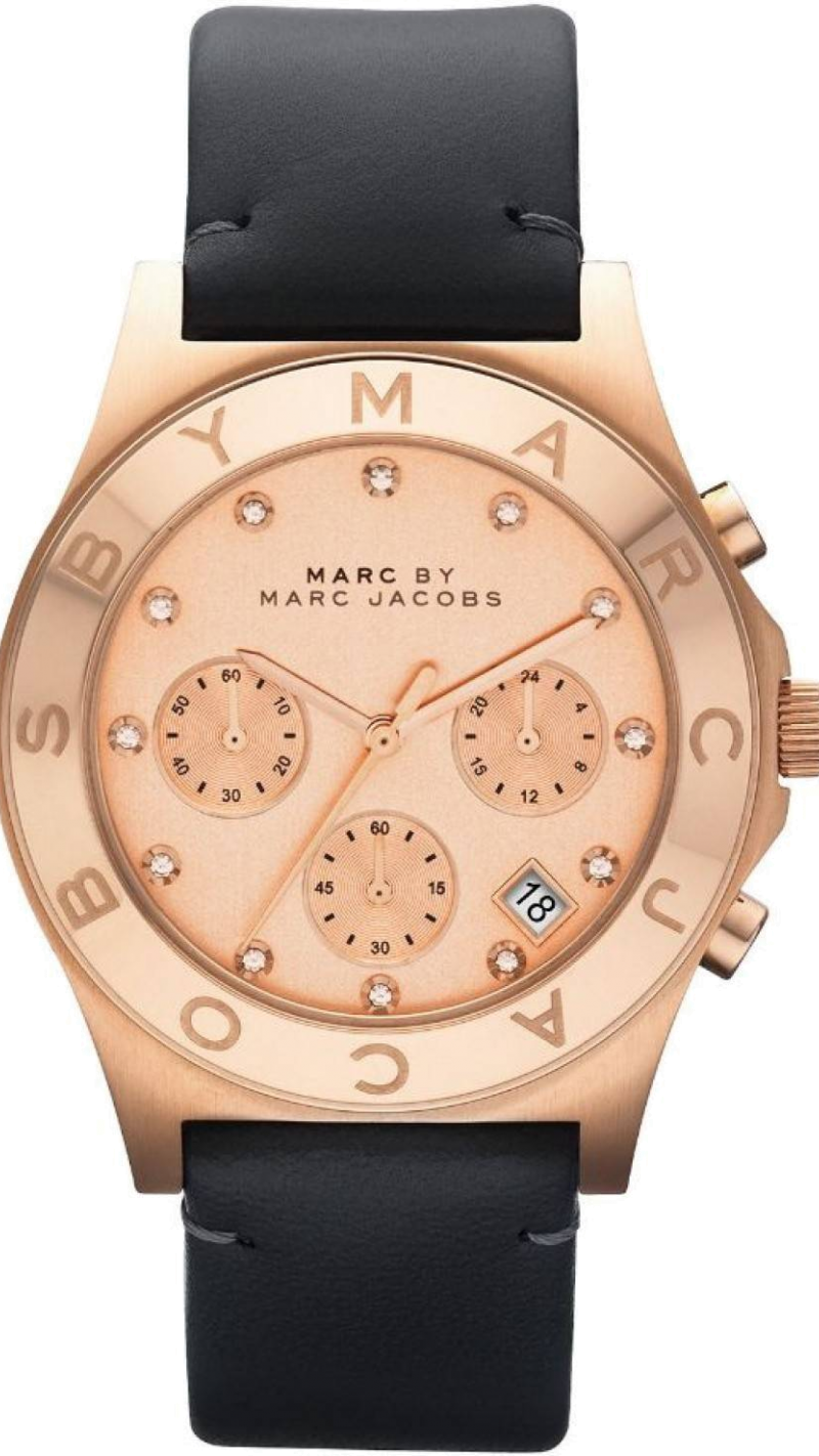 Shop Marc Jacobs Blade Chronograph Rose Gold Dial Black Leather Strap Watch for Women - MBM1188 in USA