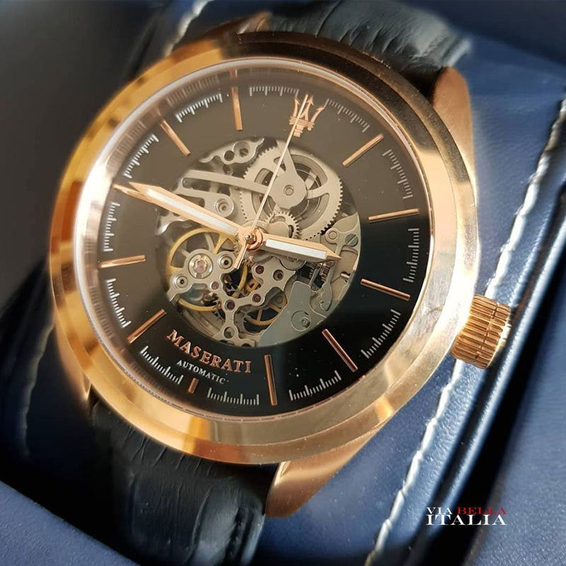 Maserati Traguardo Automatic Black Skeleton Dial Black Leather Strap Watch For Men - R8821112001 Buy Now By Maserati