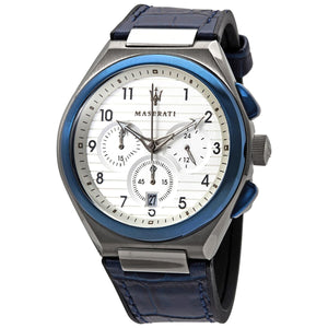 Maserati Triconic Chronograph White Dial Blue Leather Strap Watch For Men - R8871639001