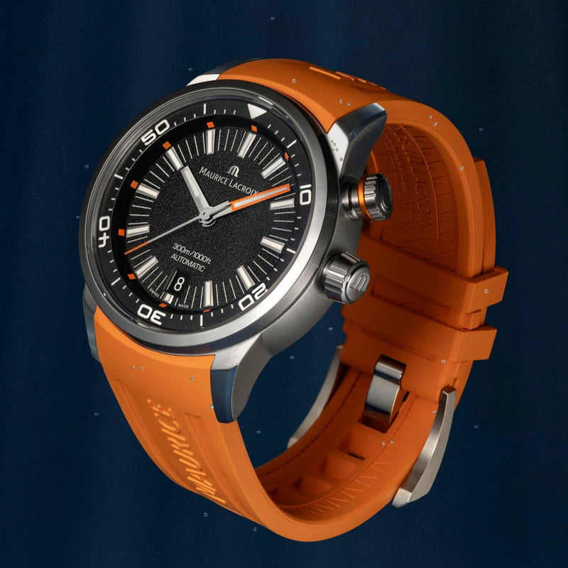 Maurice Lacroix Pontos S Diver Black Dial Orange Rubber Strap Watch For Men - PT6248-SS00L-330-J Buy Now By Maurice Lacroix