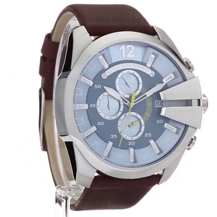 Diesel Mega Chief Light Blue Dial Brown Leather Strap Watch For Men - DZ4281