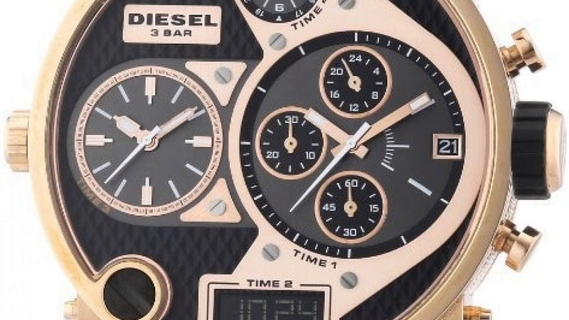 Diesel Big Daddy Gold & Black Dial Black Leather Strap Watch For Men - DZ7261 Buy Now By Diesel