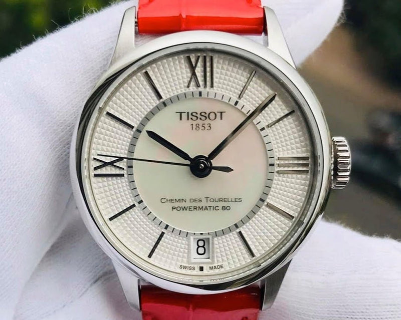 Tissot Chemin Des Tourelles Powermatic 80 Mother of Pearl White Dial Red Leather Strap Watch For Women - T099.207.16.118.00 Buy Now By Tissot