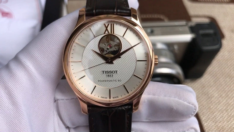 Tissot Tradition Powermatic 80 Open Heart Silver Dial Brown Leather Strap Watch For Men - T063.907.36.038.00 Buy Now By Tissot