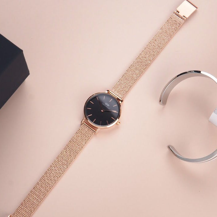 Daniel Wellington Petite Pressed Melrose Black Dial Rose Gold Mesh Strap Watch For Women - DW00100440 Buy Now By Daniel Wellington