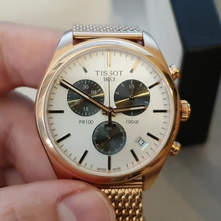 Tissot T Classic PR 100 Chronograph Silver Dial Rose Gold Mesh Bracelet Watch For Men - T101.417.33.031.01 Buy Now By Tissot