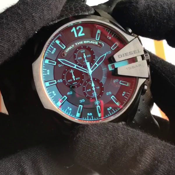 Shop Diesel Mega Chief Black Dial Black Leather Strap Watch For Men - DZ4323 in USA