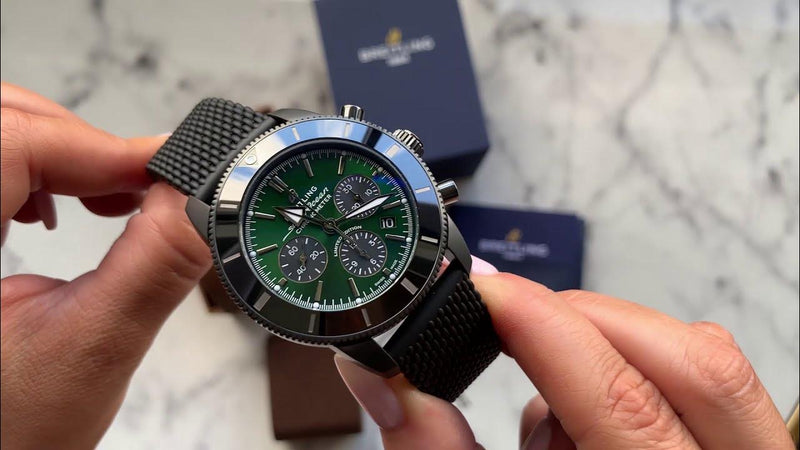 Breitling Superocean Heritage B01 Chronograph 44 Green Dial Black Mesh Bracelet Watch for Men - MB01621A1L1S1