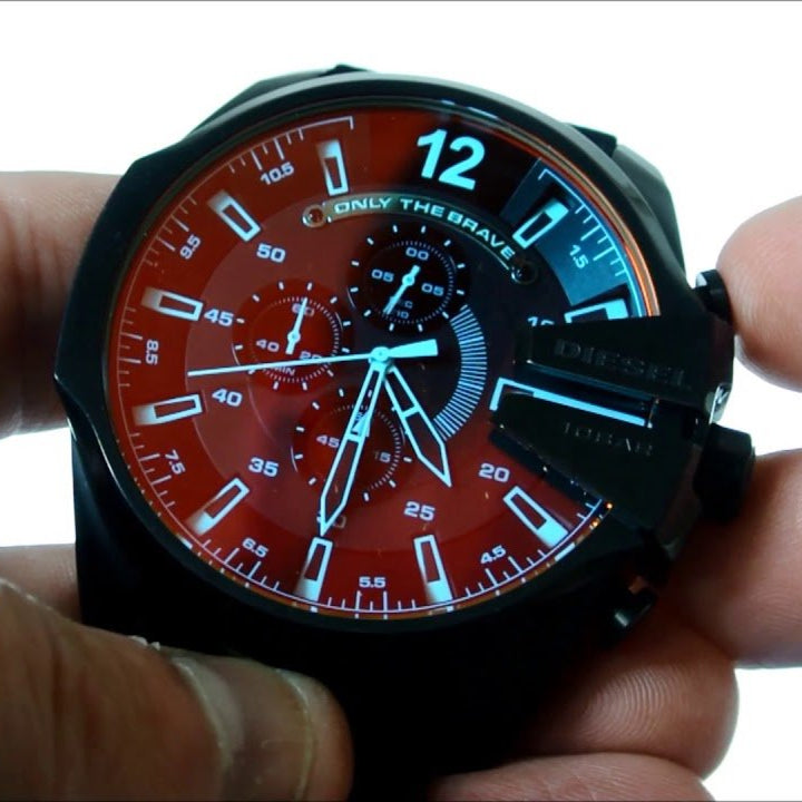 Shop Diesel Mega Chief Black Dial Black Leather Strap Watch For Men - DZ4323 in USA