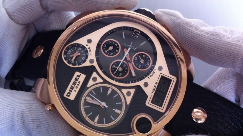 Diesel Big Daddy Gold & Black Dial Black Leather Strap Watch For Men - DZ7261 Buy Now By Diesel