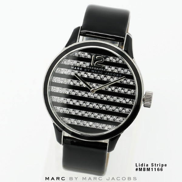 Marc Jacobs Lidia Stripe Glitz Black Dial Black Leather Strap Watch for Women - MBM1166 Buy Now By Marc Jacobs