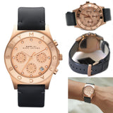 Shop Marc Jacobs Blade Chronograph Rose Gold Dial Black Leather Strap Watch for Women - MBM1188 in USA