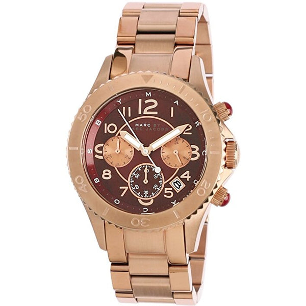 Shop Marc Jacobs Rock Chronograph Mother of Pearl Red Dial Rose Gold Steel Strap Unisex Watch - MBM3251 in USA