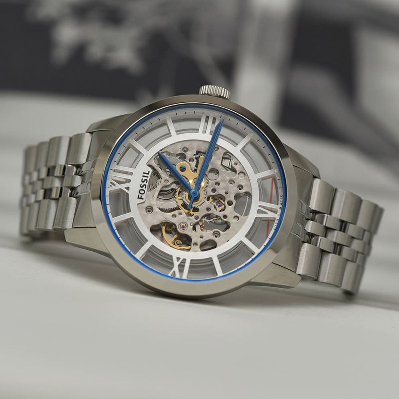 Fossil Townsman Automatic Skeleton Silver Dial Silver Steel Strap Watch for Men - ME3044 Buy Now By Fossil