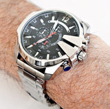 Diesel Mega Chief Chronograph Black Dial Silver Steel Strap Watch For Men - DZ4308 Buy Now By Diesel